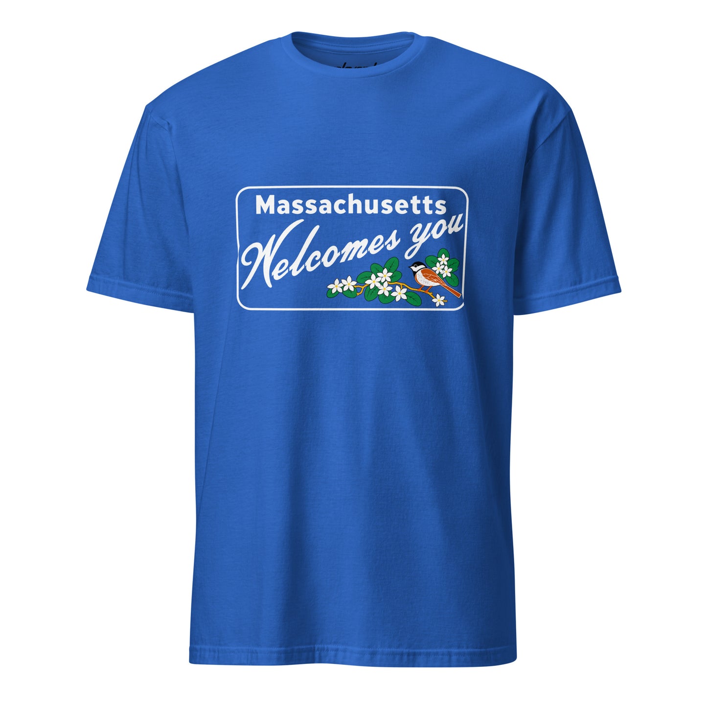 Massachusetts Welcomes You chickadee and flower graphic T-shirt